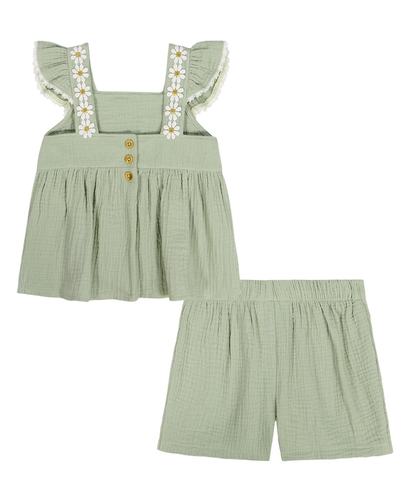Kids Headquarters Girls' 2T-6X Crinkled Muslin Daisy Trim Tunic and Wrap Shorts, 2-Piece Set