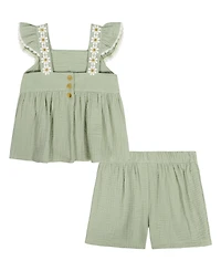 Kids Headquarters Girls' 2T-6X Crinkled Muslin Daisy Trim Tunic and Wrap Shorts, 2-Piece Set