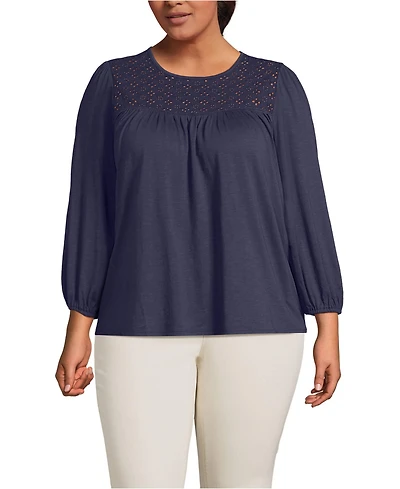 Lands' End Plus 3/4 Sleeve Eyelet Mix Flowy Top