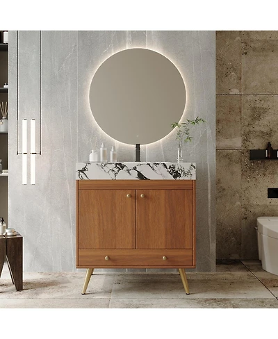 Sillysis 30" Freestanding Bathroom Vanity with Faux Marble Top, Ceramic Sink, Soft Close Storage for Small Bathrooms