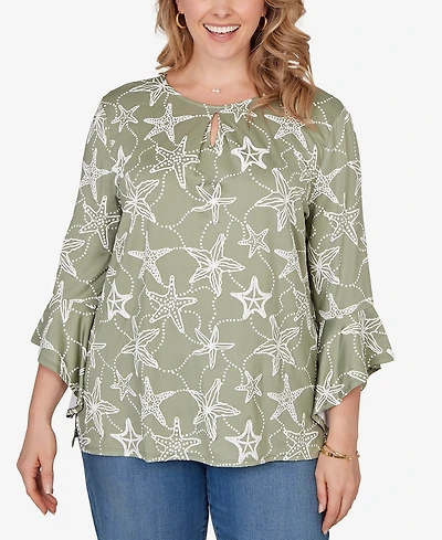 Ruby Rd. Plus Starfish Puff Print Flutter Sleeve Top