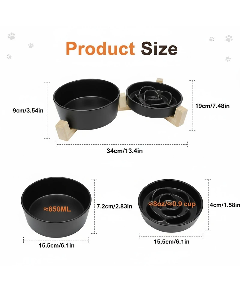 Aronkl Ceramic Slow Feeder Dog Bowl Set with Wooden Stand Anti-Gulping Anti-Slip Dishwasher Safe