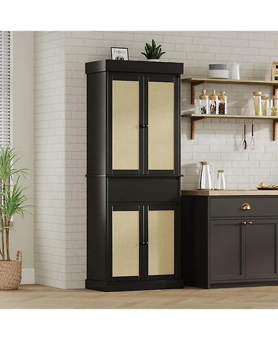 gaomon 70" Rattan Pantry Cabinet, Pantry Storage Cabinet with 4 Doors, Freestanding Cupboard with 3 Adjustable Shelves
