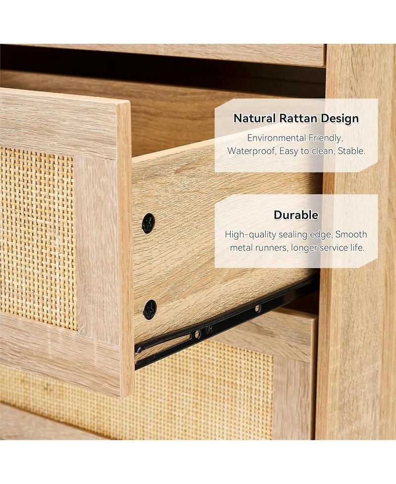 gaomon 5-Drawer Rattan Dresser, Tall Wood Chest with Metal Legs, Mid-Century