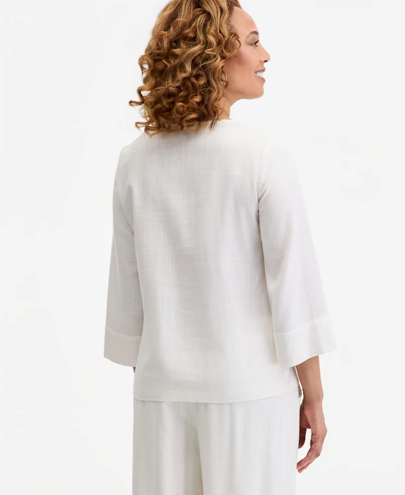 Jm Collection Women's Split-Neck Beaded Linen-Blend 3/4-Sleeve Top, Macy's Exclusive