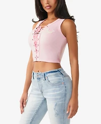 True Religion Women's Applique Lace Up Rib Tank Top