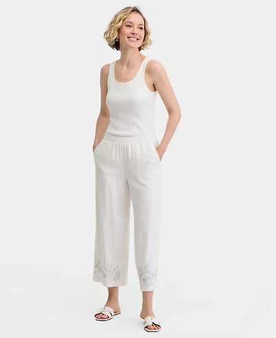 Jm Collection Women's High-Rise Embroidered Linen-Blend Cropped Pants, Macy's Exclusive