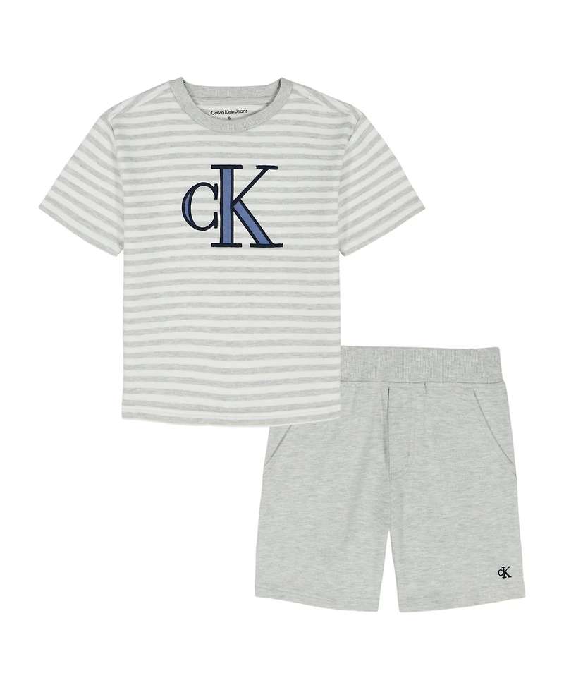 Calvin Klein Toddler and Little Boys' 2T-7 Relaxed Striped T-shirt French Terry Cargo Shorts, 2-Piece Set