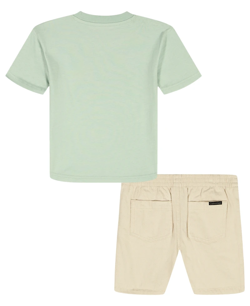Calvin Klein Toddler and Little Boys' 2T-7 Relaxed Monogram T-Shirt Natural Denim Shorts, 2-Piece Set