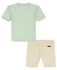 Calvin Klein Toddler and Little Boys' 2T-7 Relaxed Monogram T-Shirt Natural Denim Shorts, 2-Piece Set