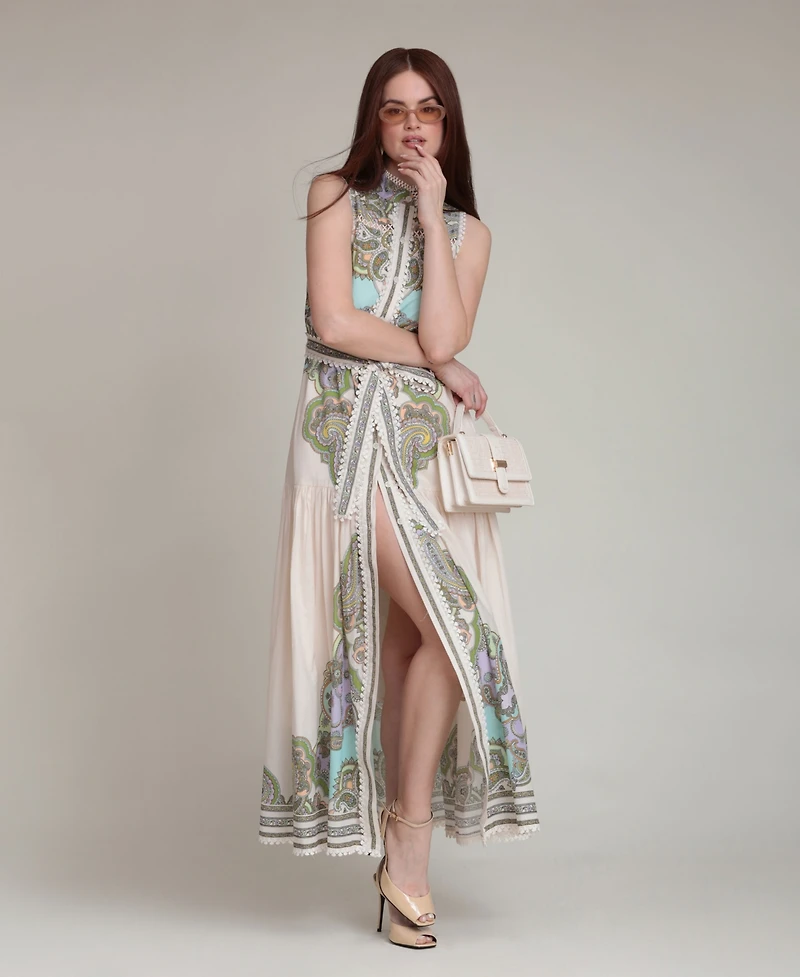 Avec Les Filles Women's Paisley Mock Neck Maxi Dress