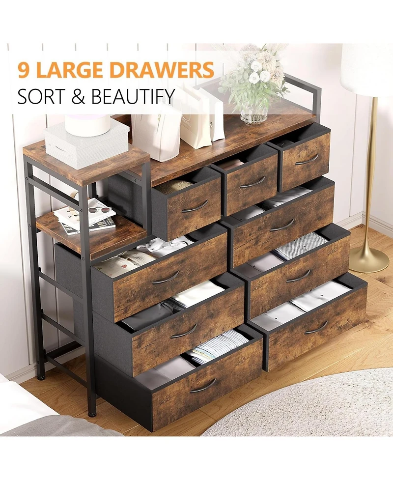 gaomon 9-Drawer Fabric Dresser with Wood Top, Heavy-Duty Steel Frame Storage Organizer Tower for Bedroom, Closet, Living Room, Hallway