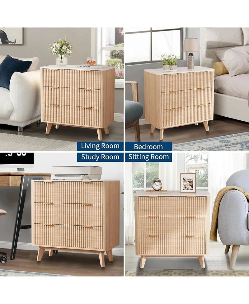 gaomon Fluted Nightstand, Modern 3 Drawer Bedside Table with Faux Marble Top, End Table for Bedroom Living Room