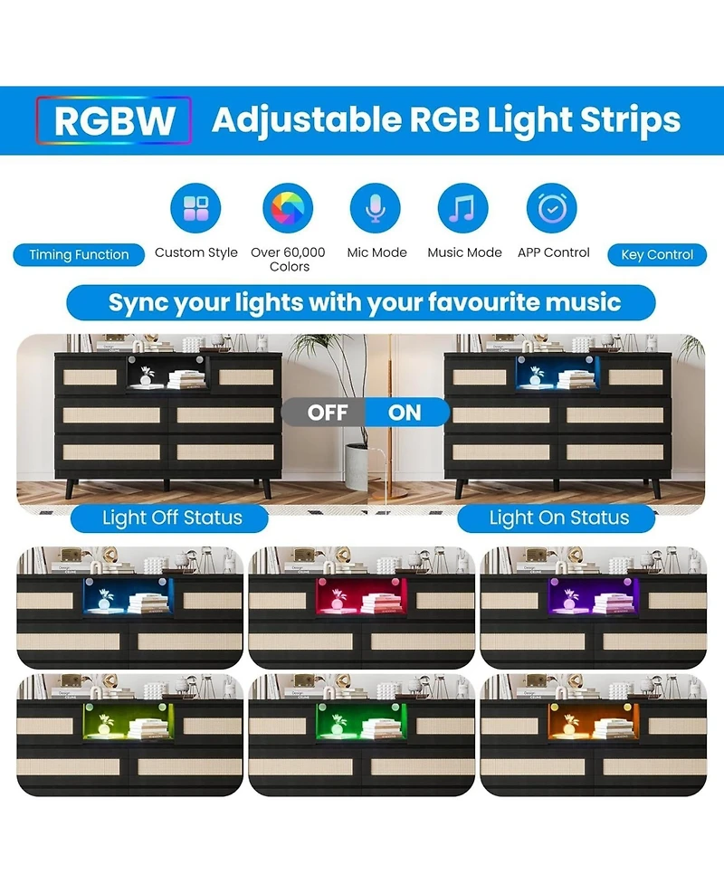 gaomon 6-Drawer Rattan Dresser with Led & Charging Ports, Farmhouse
