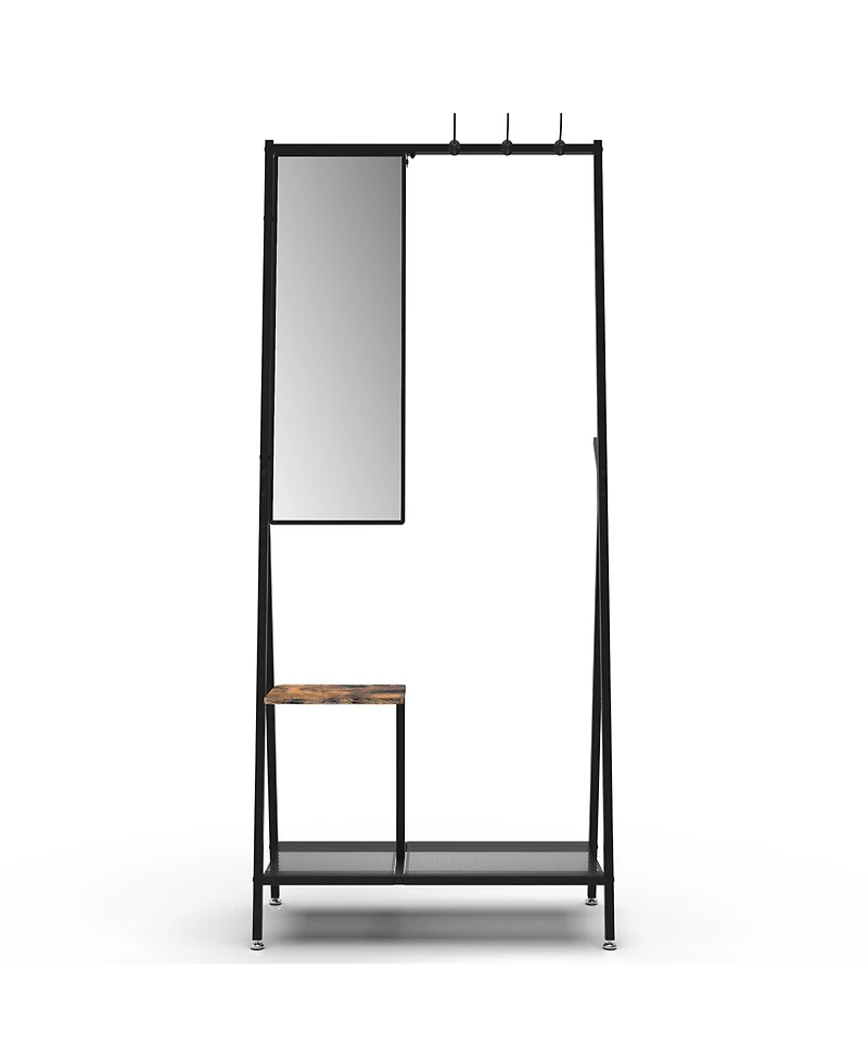 Rainsken Coat Rack with Mirror, Industrial Style Multifunctional Hall Tree with Shelf, Hooks for Living Room, Entryway, Hallway