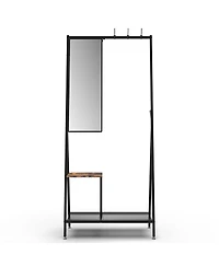Rainsken Coat Rack with Mirror, Industrial Style Multifunctional Hall Tree with Shelf, Hooks for Living Room, Entryway, Hallway