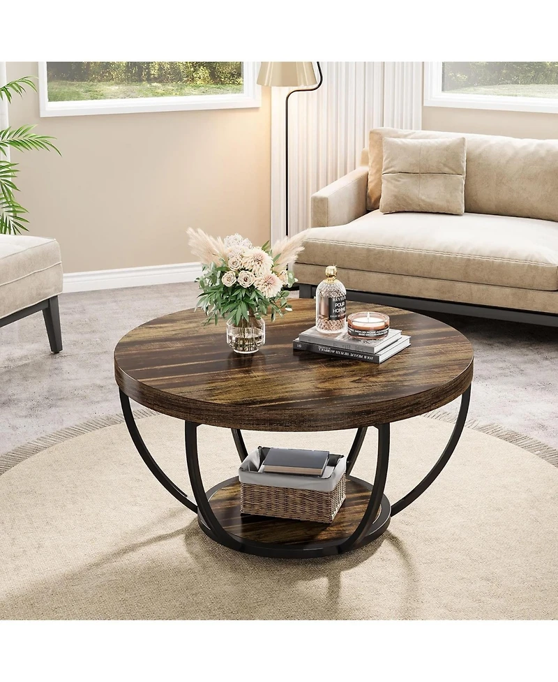 Tribesigns Round Coffee Table, Industrial 2-Tier Circle Coffee Table, Modern 31.7" Wooden Accent Center Table for Living Room, Home Office