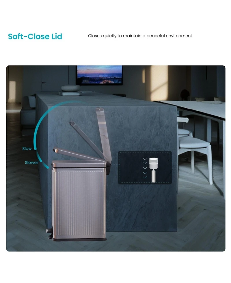 Home Zone Living 8 Gallon Slim Stainless Steel Kitchen Trash Can with Reeded Pattern, Step Pedal and Soft-Close Lid