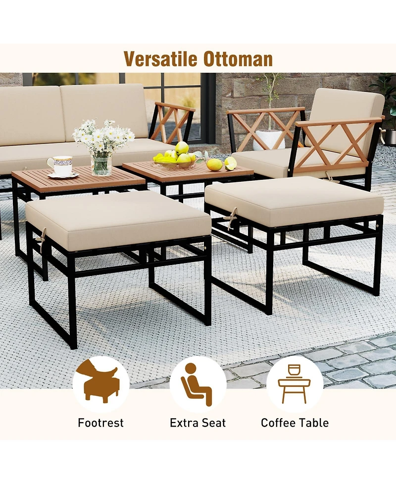 Gymax Set Of 7 Outdoor Conversation Set Acacia Wood Chairs & Coffee Tables Set w/Ottomans