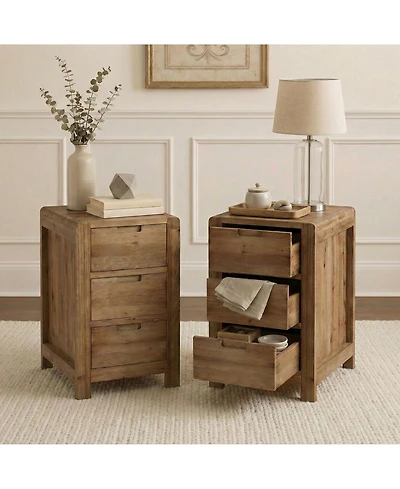 Tribesigns Wood End Table with 3 Drawers Set of 2, Solid Wood Sofa Side Table, Nightstand