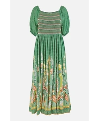 Yumi Women's Ruched Leaf Print Maxi Dress