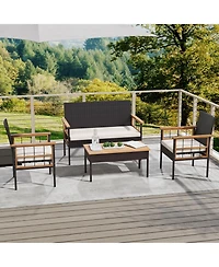 Gymax Set of 8 Wicker Furniture Set w/Acacia Wood Tabletop Armrests Cushions for Backyard