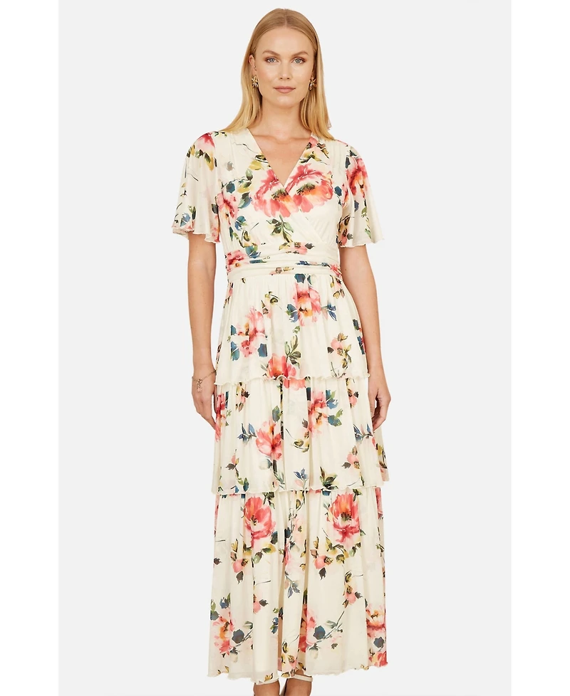 Yumi Women's Floral Mesh Tiered Maxi Dress