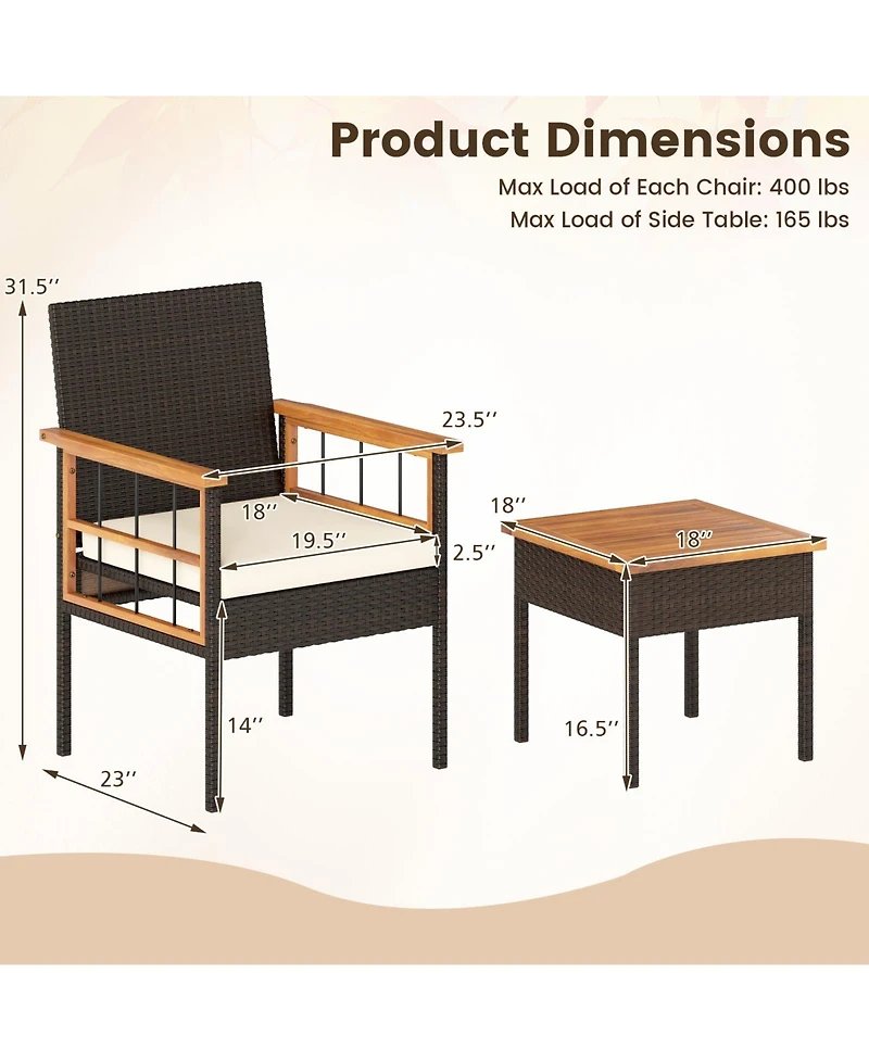 Gymax Set of 3 Wicker Furniture Set w/Acacia Wood Tabletop Armrests Cushions for Backyard