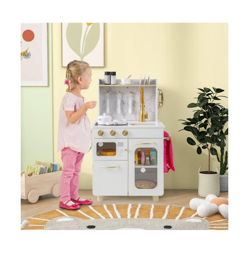 Hongge Kids Kitchen Set Pretend Play Kitchen with Stoves Faucet Sink Telephone Microwave and Oven