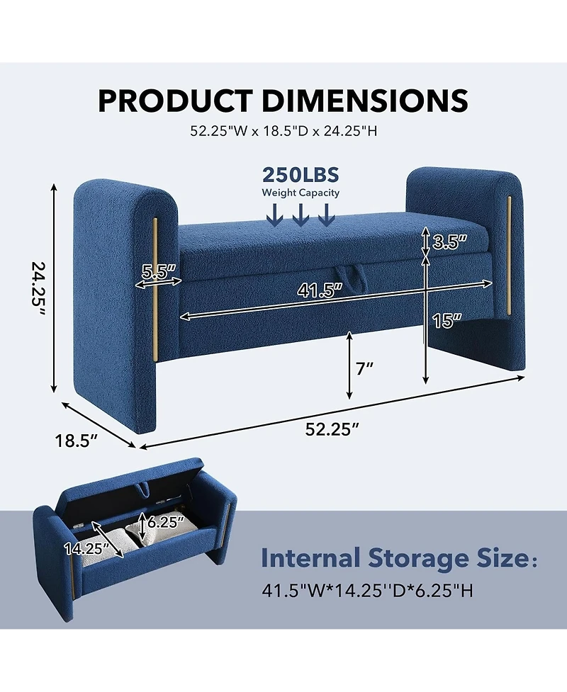 Rainsken Upholstered Storage Ottoman, Modern Teddy End of Bed Bench, Window Storage Stool with Arms for Living Room, Bedroom