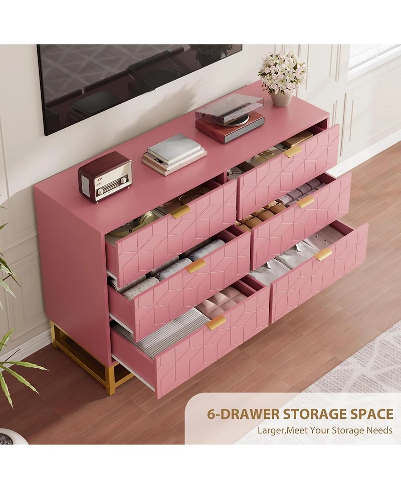 gaomon 6 Drawer Dresser with Wide Storage, Modern Wood Chest Organizer with Metal Legs for Bedroom or Hallway