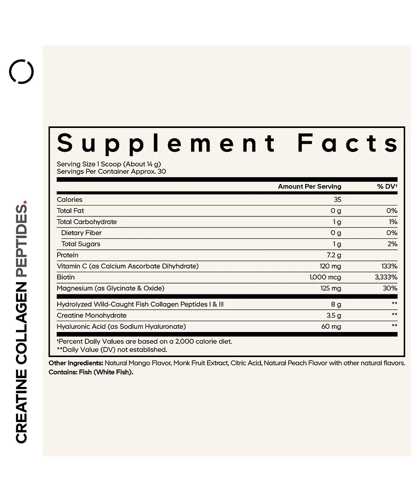 Codeage Creatine Collagen Peptides, Biotin, Magnesium, Hyaluronic Acid, Vit C, Mango Flavor, 15 oz