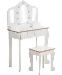 gaomon Kids Vanity Table and Chair Set with 3 Mirrors, Led Light & Drawer, Wooden Makeup Set