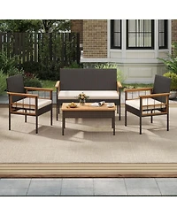 Gymax Set of 4 Wicker Furniture Set w/Acacia Wood Tabletop Armrests Cushions for Backyard