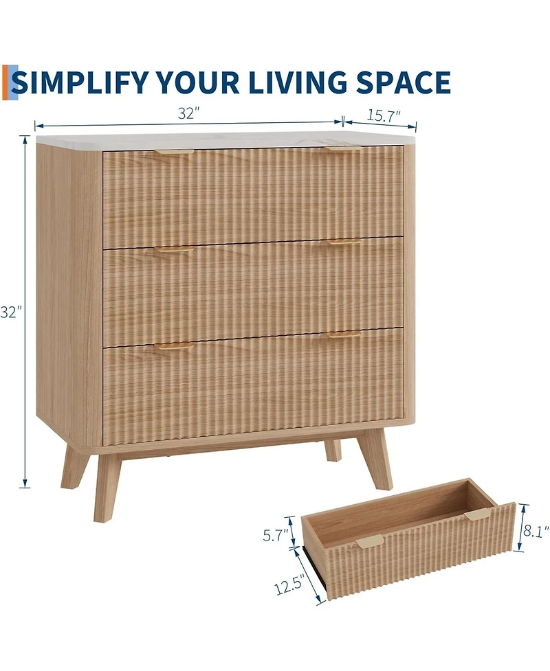 gaomon 32" Width Fluted Nightstand Set of 2, Modern 3 Drawer Bedside Table with Faux Marble Top, Wood Chest of Bedside Table with Curved Profile