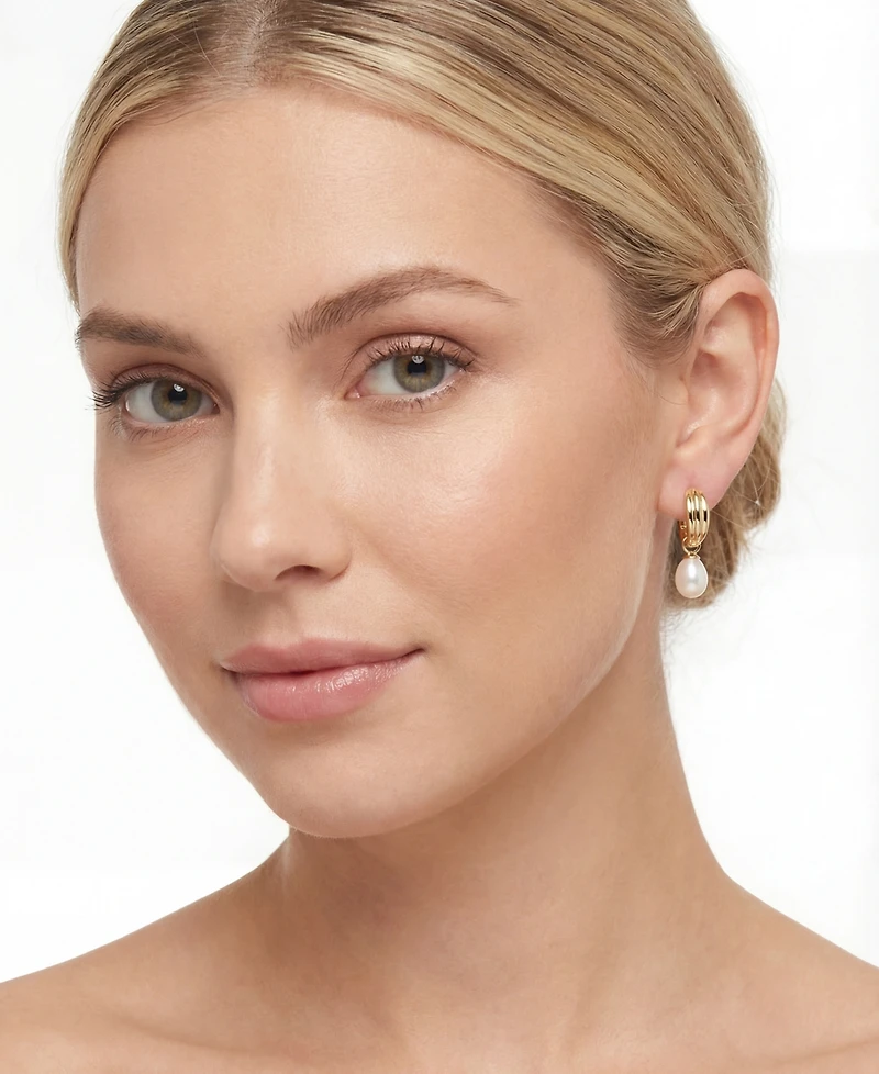 Macy's Cultured Freshwater Pearl (6.5-7mm) Hoop Drop Earrings in 14k Gold-Plated Sterling Silver