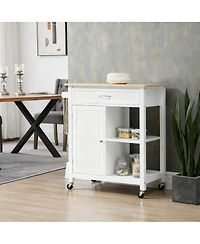 Yigii Kitchen trolley with beveled shelves and storage cabinets, solid wood top, adjustable shelves