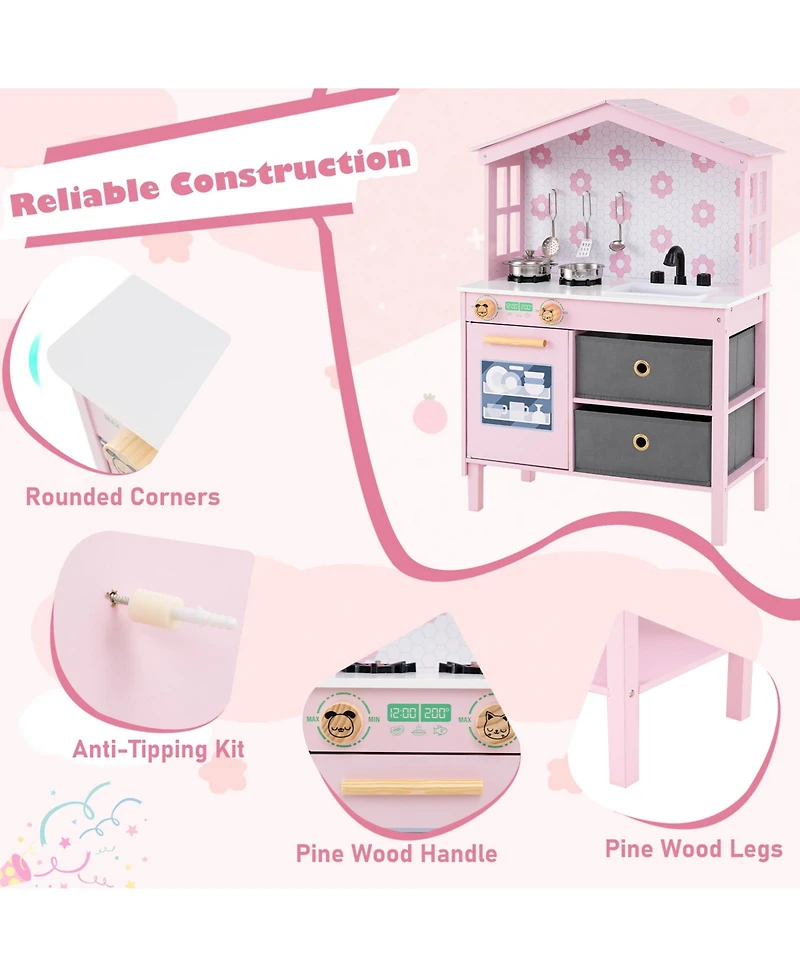 Mecale Kids Play Kitchen Toy with 2 Stoves & Rotating Knobs, Wooden Pretend Play Set