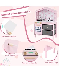 Mecale Kids Play Kitchen Toy with 2 Stoves & Rotating Knobs, Wooden Pretend Play Set