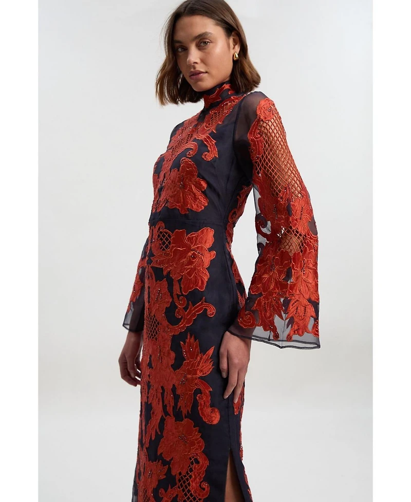 Karen Millen Women's High Neck Embroidered Midi Dress