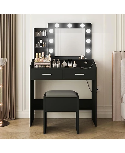gaomon Modern Vanity Desk with Large Mirror, Dimmable Led Lights, Power Outlet, 7 Drawers & Cushioned Stool