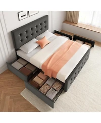 gaomon Full Bed Frame With 4 Drawers Linen Upholstered Headboard Button Design Wood Slats No Box Spring Light