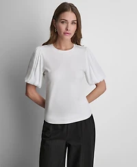 Dkny Women's Puffed Crewneck Mix Media Knit Top