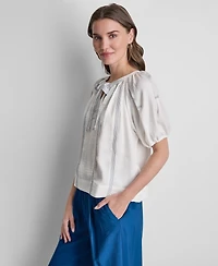 Dkny Women's Puff-Sleeve Top Stitch Tie Front Blouse