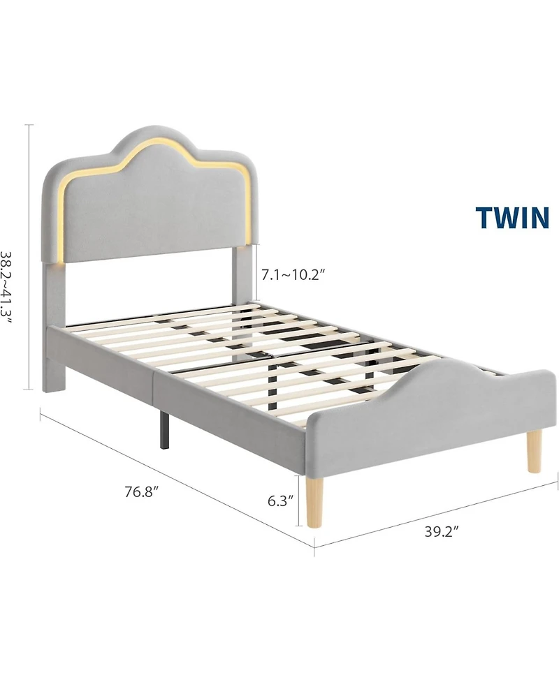 gaomon Twin Upholstered Led Platform Bed with Adjustable Headboard Footboard Velvet Princess Bed Kids Wood Slats