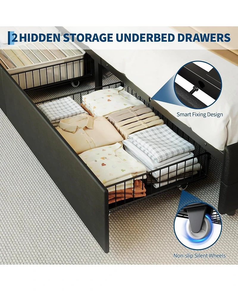 gaomon Queen Size Bed Frame with 2 Storage Drawers, Upholstered Bed Frame Queen with Led Light, Double-Layer Bedside Headboard Charging Socket Usb