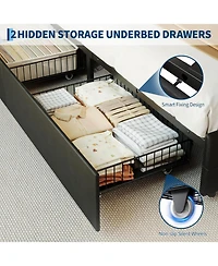 gaomon Queen Size Bed Frame with 2 Storage Drawers, Upholstered Bed Frame Queen with Led Light, Double-Layer Bedside Headboard Charging Socket Usb