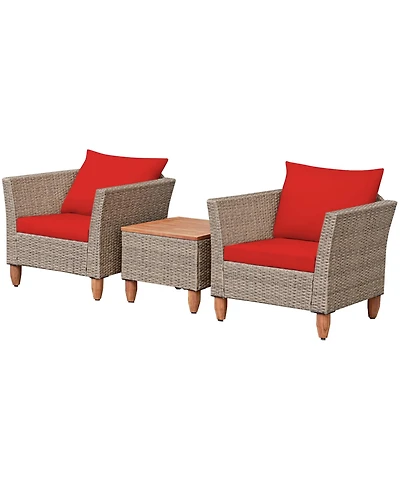 Gymax 3PCS Rattan Patio Conversation Furniture Set w/ Wooden Feet Cushions