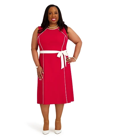 Kasper Women's Contrast Seam with Sash Crewneck Midi Dress