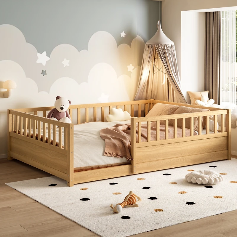 Streamdale Furniture Streamdale Full Size Floor Bed with Security Barrier and Door, Montessori Wooden Frame